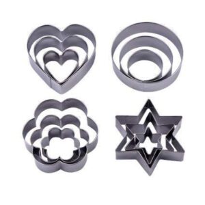 Cookie Cutter Set of 12 stainless steel molds in heart, flower, round, and star shapes, perfect for baking and crafting.