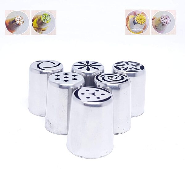 Set of 6 stainless steel cake decorating nozzles for creating intricate designs on cupcakes, pastries, and desserts