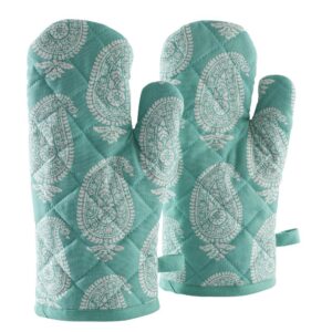 "Pack of 2 100% cotton padded oven gloves with paisley design, heat-resistant kitchen mitts"