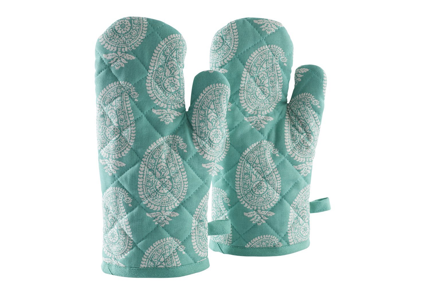 "Pack of 2 100% cotton padded oven gloves with paisley design, heat-resistant kitchen mitts"