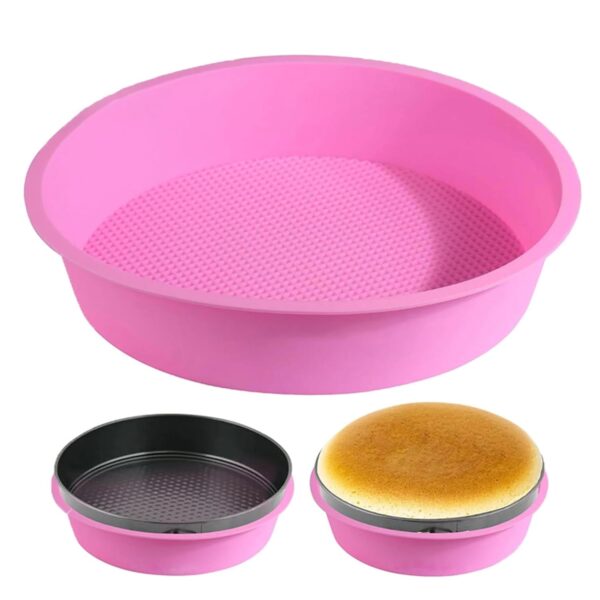 “Top view of 8-inch round silicone cake pan in food-grade BPA-free material”